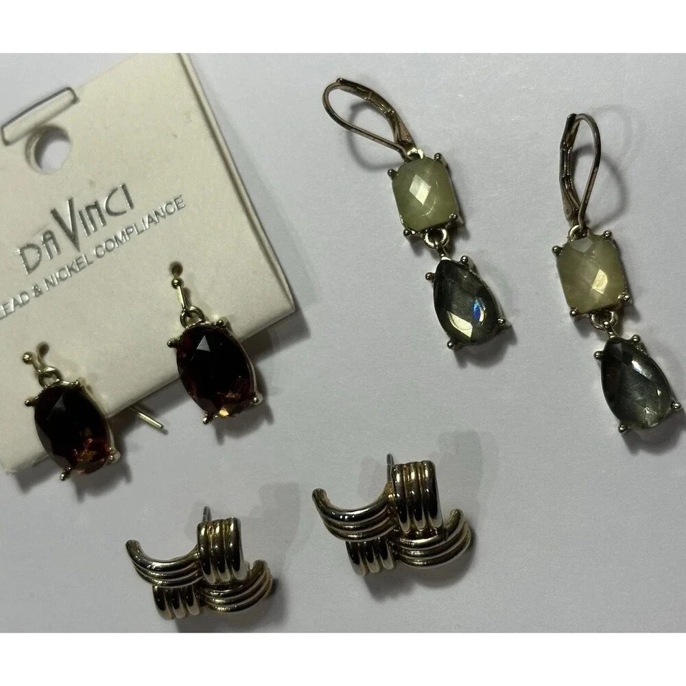3Pc Mixed Earrings Lot Da Vinci Gemstone Gold Tone Vintage Style New & Used